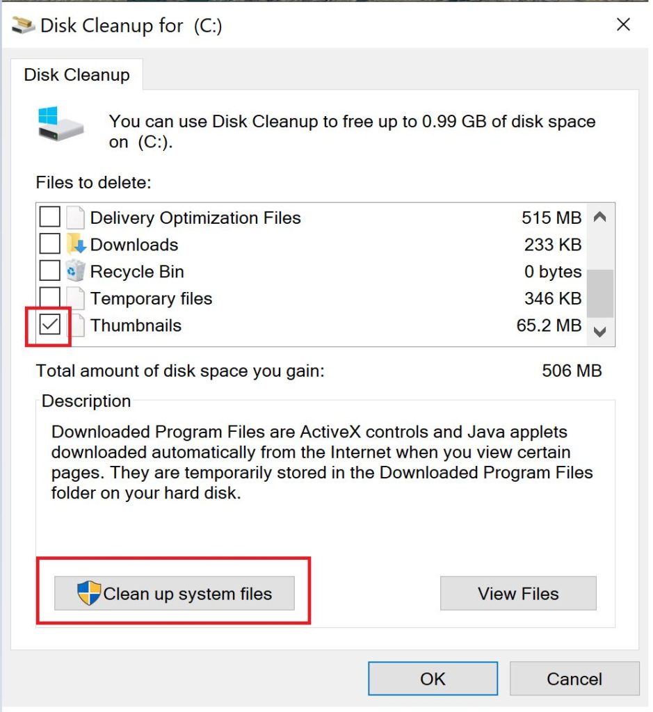 Lựa chọn file cần dọn dẹp với Disk Cleanup