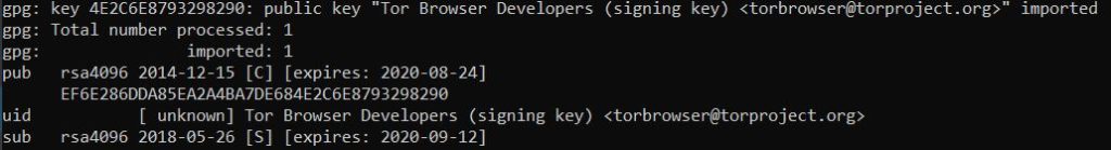 Kết quả import public key của Tor Browser