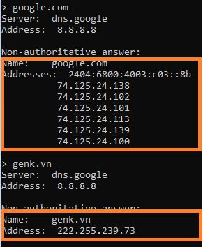 Kết quả phân giải tên miền từ DNS Server