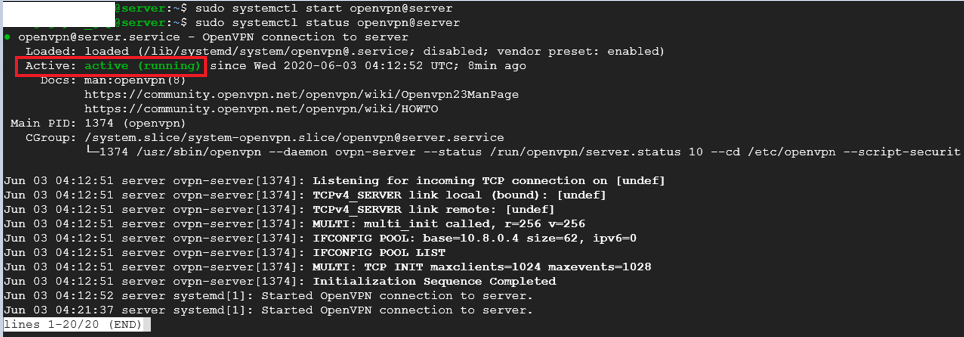 Kiểm tra trạng thái hoạt động OpenVPN Server