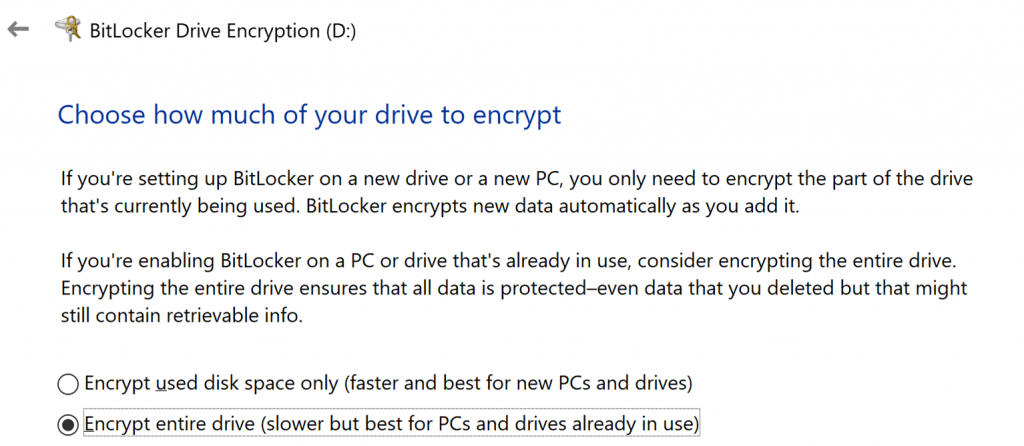 BitLocker Encryption options